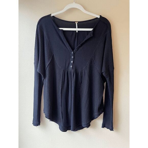 Free People Black Waffle Knit Henley Size XS - Picture 1 of 2